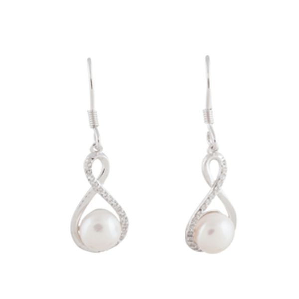 Sterling Silver Infinity with Pearl Dangle Earrings - Click Image to Close